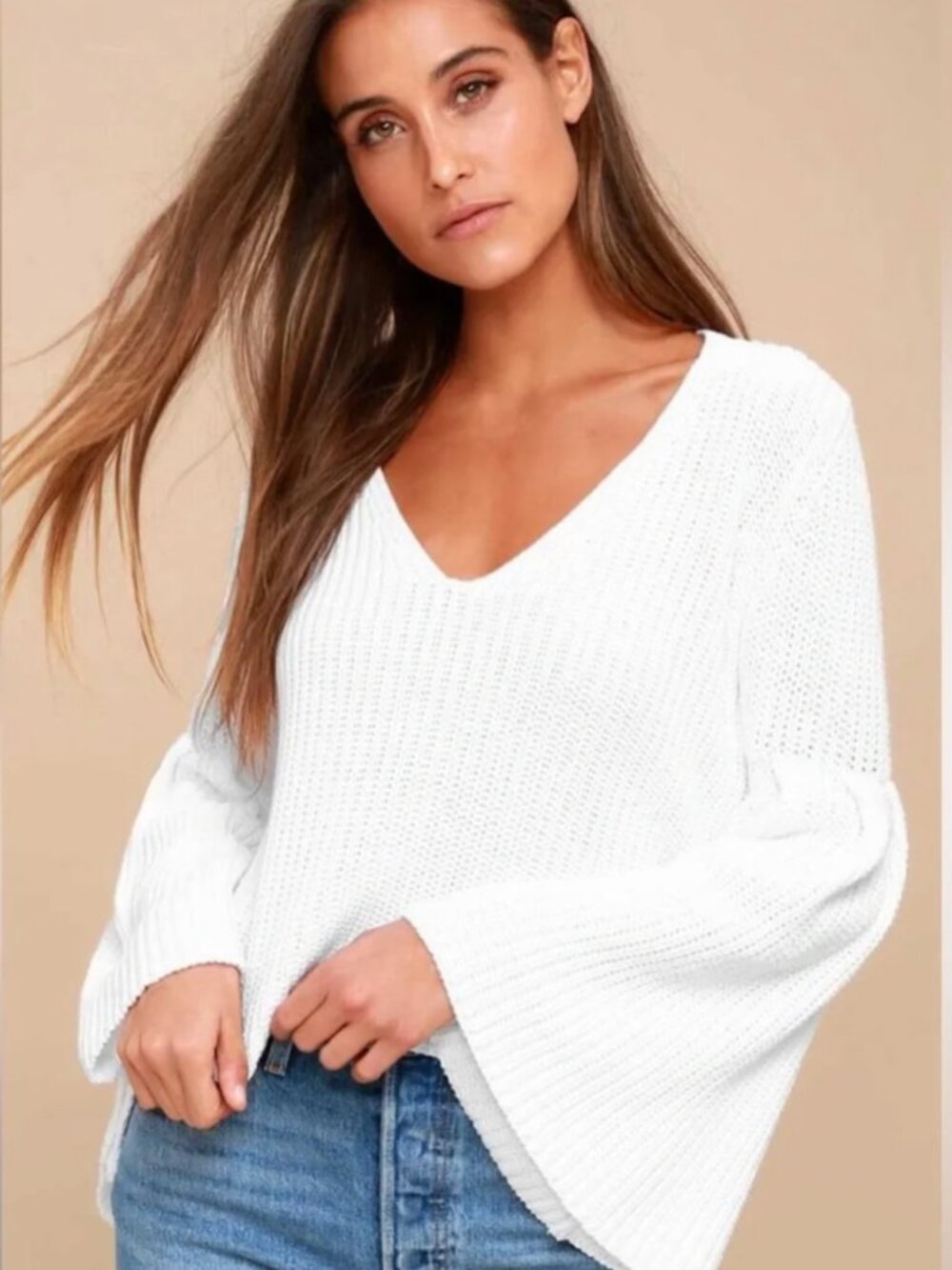 Free People Damsel Bell Sleeve Knit Sweater-White